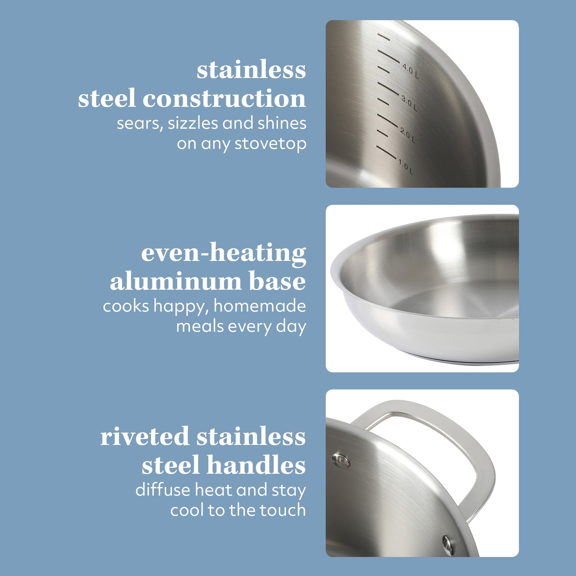 Sur La Table Kitchen Essentials 10 Piece Stainless Steel Non Toxic Pots and Pans Kitchen Cookware Set W/ Triply Encapsulated Base - Induction Safe