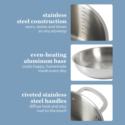 Sur La Table Kitchen Essentials 10 Piece Stainless Steel Non Toxic Pots and Pans Kitchen Cookware Set W/ Triply Encapsulated Base - Induction Safe