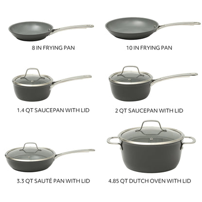 Sur La Table Kitchen Essentials Cool Commune Hard Anodized 10 Piece PFA Free Ceramic Non stick Interior Forged Durable Aluminum Pots and Pans Cookware Set
