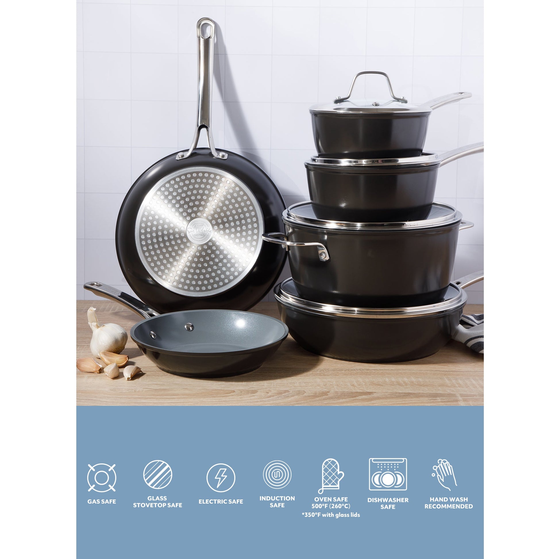 Sur La Table Kitchen Essentials Cool Commune Hard Anodized 10 Piece PFA Free Ceramic Non stick Interior Forged Durable Aluminum Pots and Pans Cookware Set