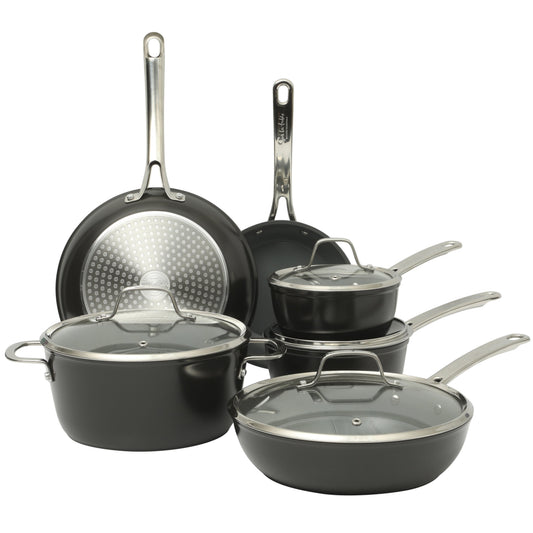 Sur La Table Kitchen Essentials Cool Commune Hard Anodized 10 Piece PFA Free Ceramic Non stick Interior Forged Durable Aluminum Pots and Pans Cookware Set