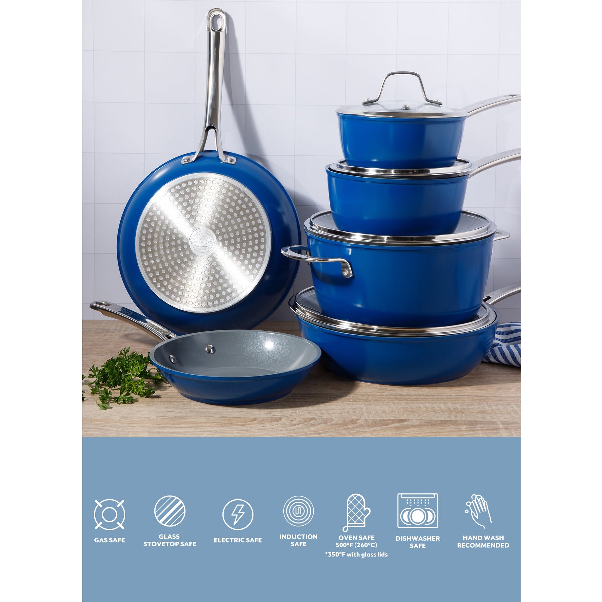 Sur La Table Kitchen Essentials Cool Commune Hard Anodized 10 Piece PFA Free Ceramic Non stick Interior Forged Durable Aluminum Pots and Pans Cookware Set
