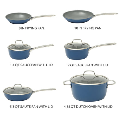Sur La Table Kitchen Essentials Cool Commune Hard Anodized 10 Piece PFA Free Ceramic Non stick Interior Forged Durable Aluminum Pots and Pans Cookware Set