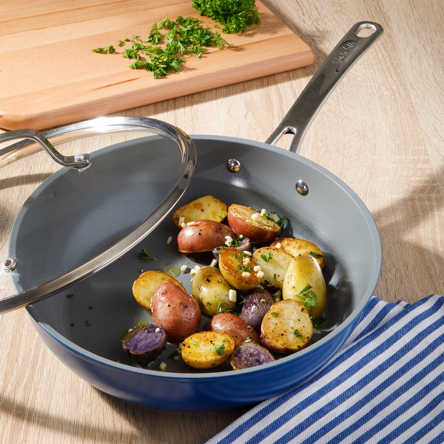 Sur La Table Kitchen Essentials Cool Commune Hard Anodized 10 Piece PFA Free Ceramic Non stick Interior Forged Durable Aluminum Pots and Pans Cookware Set
