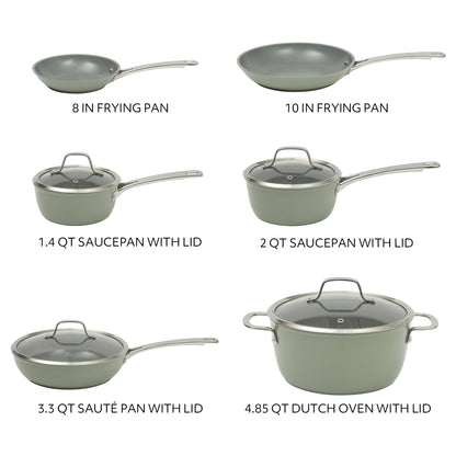 Sur La Table Kitchen Essentials Cool Commune Hard Anodized 10 Piece PFA Free Ceramic Non stick Interior Forged Durable Aluminum Pots and Pans Cookware Set