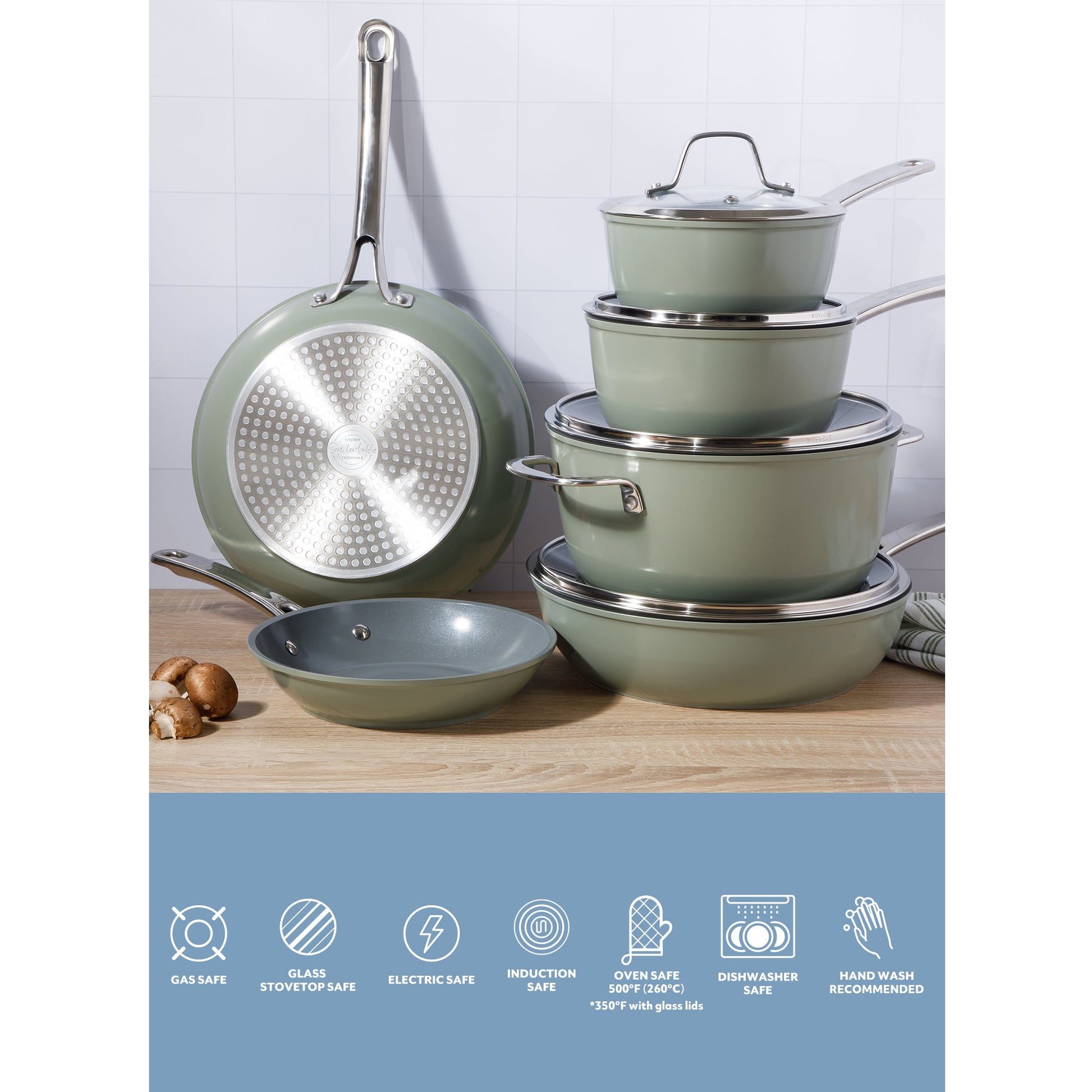 Sur La Table Kitchen Essentials Cool Commune Hard Anodized 10 Piece PFA Free Ceramic Non stick Interior Forged Durable Aluminum Pots and Pans Cookware Set