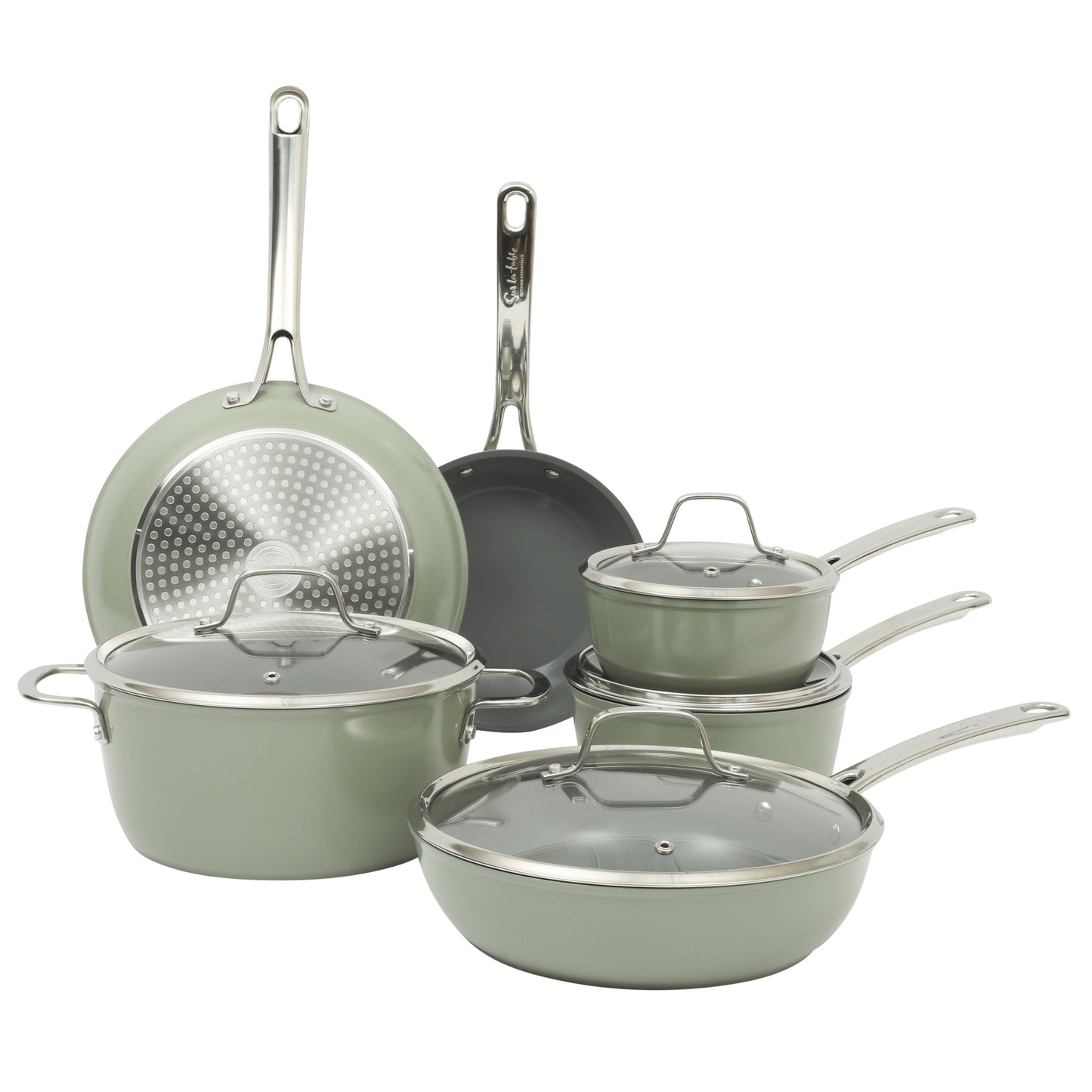 Sur La Table Kitchen Essentials Cool Commune Hard Anodized 10 Piece PFA Free Ceramic Non stick Interior Forged Durable Aluminum Pots and Pans Cookware Set