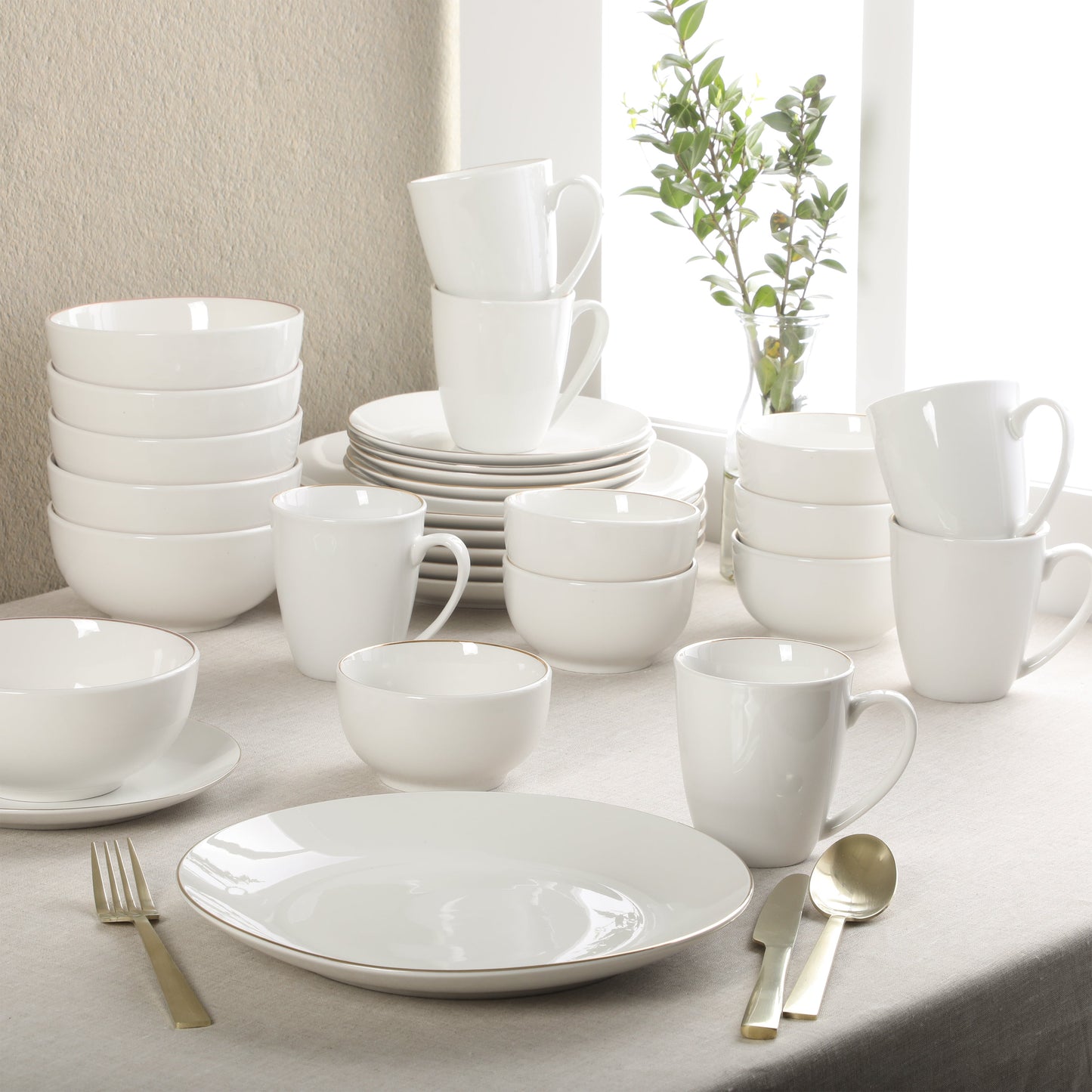 Gibson Home Ogalla 30 Piece Plates, Bowls, & Mugs Dinnerware Set - Service for 6 - White Porcelain W/ Gold Band