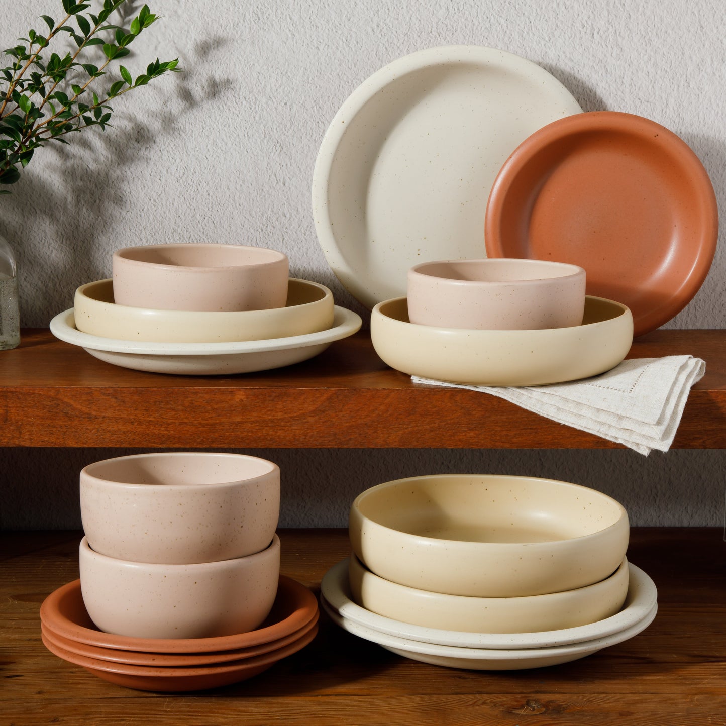 Bloomhouse Corsica Clay 16 Piece Double Bowl Stoneware Reactive Glaze Dinnerware Set