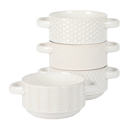 Gibson Elite Oyster Tide Embossed 6 Inch Soup Bowls with Handles. French Onion Soup Crocks, Stackable Soup Bowl, Chili, Beef Stew Reactive Glaze  Stackable Ceramic Bowl, Set of 4, White