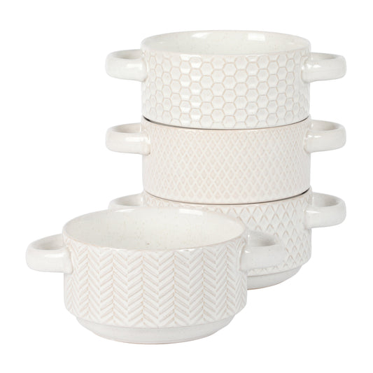 Gibson Elite Oyster Tide Embossed 6 Inch Soup Bowls with Handles. French Onion Soup Crocks, Stackable Soup Bowl, Chili, Beef Stew Reactive Glaze  Stackable Ceramic Bowl, Set of 4, White