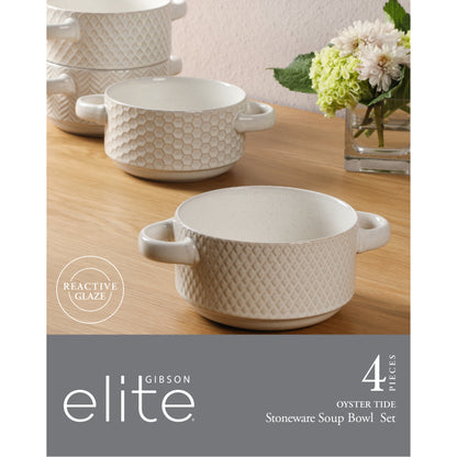 Gibson Elite Oyster Tide Embossed 6 Inch Soup Bowls with Handles. French Onion Soup Crocks, Stackable Soup Bowl, Chili, Beef Stew Reactive Glaze  Stackable Ceramic Bowl, Set of 4, White