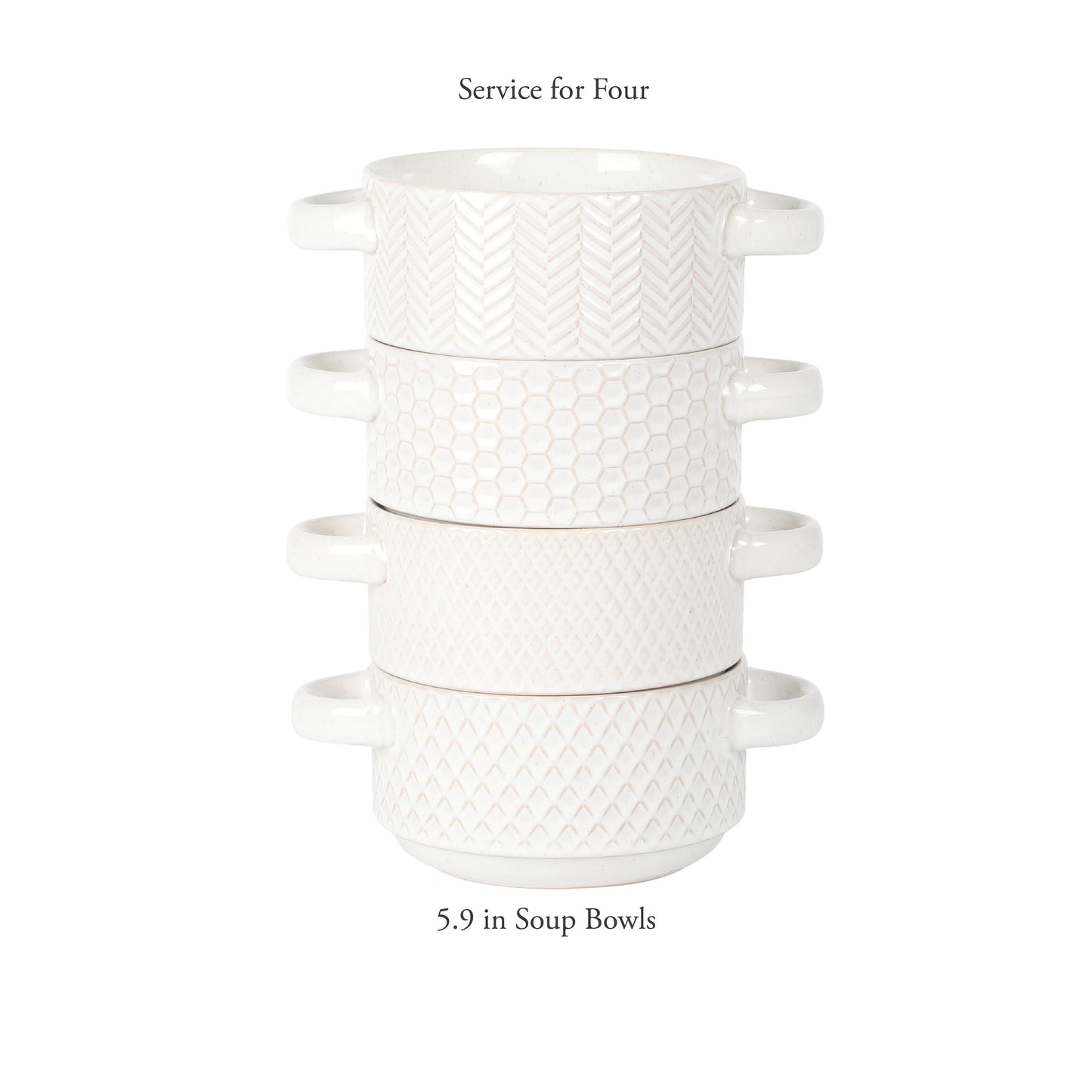 Gibson Elite Oyster Tide Embossed 6 Inch Soup Bowls with Handles. French Onion Soup Crocks, Stackable Soup Bowl, Chili, Beef Stew Reactive Glaze  Stackable Ceramic Bowl, Set of 4, White