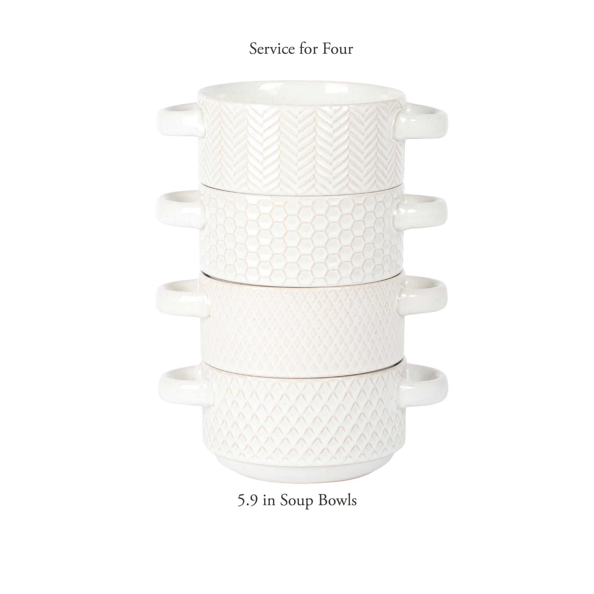 Gibson Elite Oyster Tide Embossed 6 Inch Soup Bowls with Handles. French Onion Soup Crocks, Stackable Soup Bowl, Chili, Beef Stew Reactive Glaze  Stackable Ceramic Bowl, Set of 4, White
