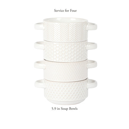 Gibson Elite Oyster Tide Embossed 6 Inch Soup Bowls with Handles. French Onion Soup Crocks, Stackable Soup Bowl, Chili, Beef Stew Reactive Glaze  Stackable Ceramic Bowl, Set of 4, White