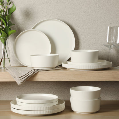 Gibson Home Dempsey Road 12-Piece Stoneware Dinnerware Set – Service for 4, Round Plates and Bowls, Durable Solid Color Modern Embossed Dish Set, Microwave & Dishwasher Safe