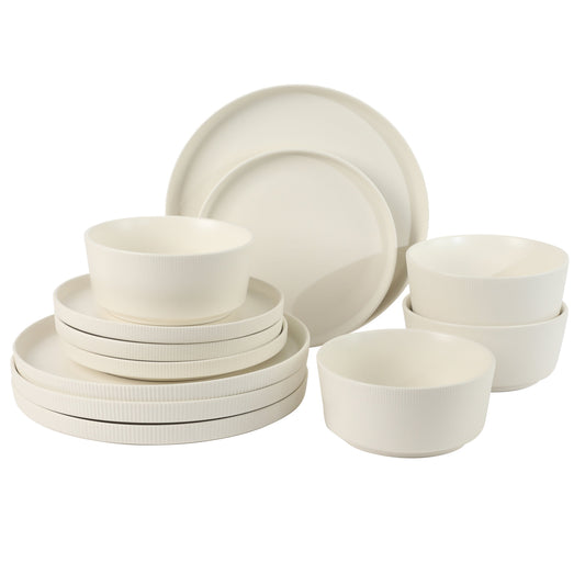 Gibson Home Dempsey Road 12-Piece Stoneware Dinnerware Set – Service for 4, Round Plates and Bowls, Durable Solid Color Modern Embossed Dish Set, Microwave & Dishwasher Safe