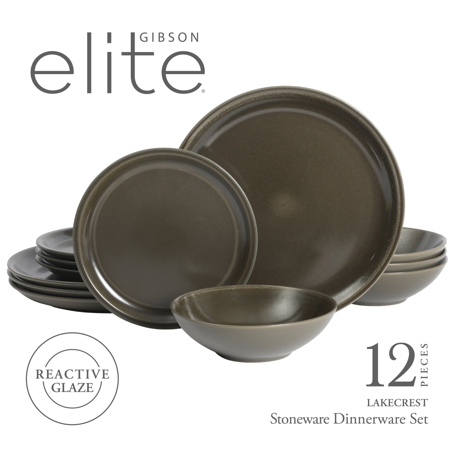 Gibson Elite 12 Piece (Service for 4) Lakecrest Plates and Bowls Reactive Glaze Round Dishes Stoneware Ceramic Dinnerware Set - Dark Green