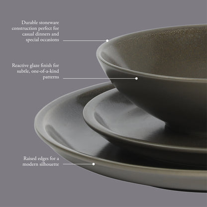 Gibson Elite 12 Piece (Service for 4) Lakecrest Plates and Bowls Reactive Glaze Round Dishes Stoneware Ceramic Dinnerware Set - Dark Green