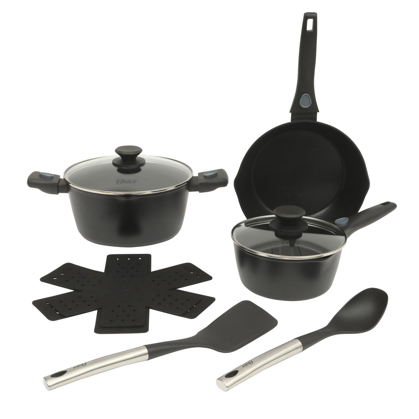 Oster SmartHandle Advance 13-Piece Nonstick Cookware Set – Matte Black Finish, Induction Base, Detachable Handles, Forged Aluminum, Oven & Dishwasher Safe, With Utensils & Pan Protectors