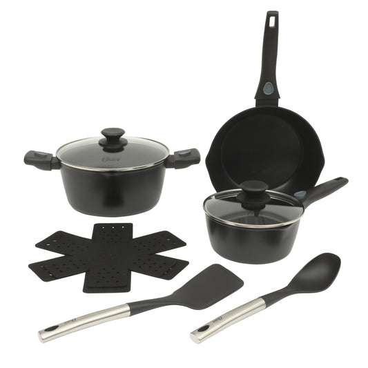 Oster SmartHandle Advance 13-Piece Nonstick Cookware Set – Matte Black Finish, Induction Base, Detachable Handles, Forged Aluminum, Oven & Dishwasher Safe, With Utensils & Pan Protectors