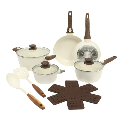 Oster SmartHandle Advance 18-Piece Ceramic Nonstick Cookware Set – Matte Linen Finish, Induction Base, Detachable Wood-Look Handles, Oven & Dishwasher Safe Pots and Pans, With Utensils & Pan Protectors