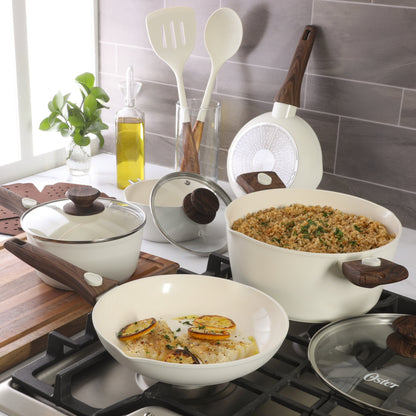 Oster SmartHandle Advance 18-Piece Ceramic Nonstick Cookware Set – Matte Linen Finish, Induction Base, Detachable Wood-Look Handles, Oven & Dishwasher Safe Pots and Pans, With Utensils & Pan Protectors