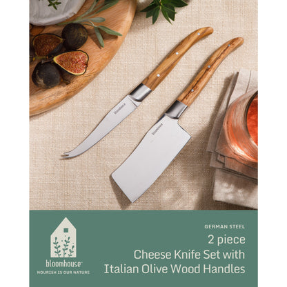 Bloomhouse 2-Piece German Steel Cheese Knife Set with Olive Wood Handles – Artisan Soft & Hard Cheese Knives for Charcuterie, Grazing Boards & Entertaining