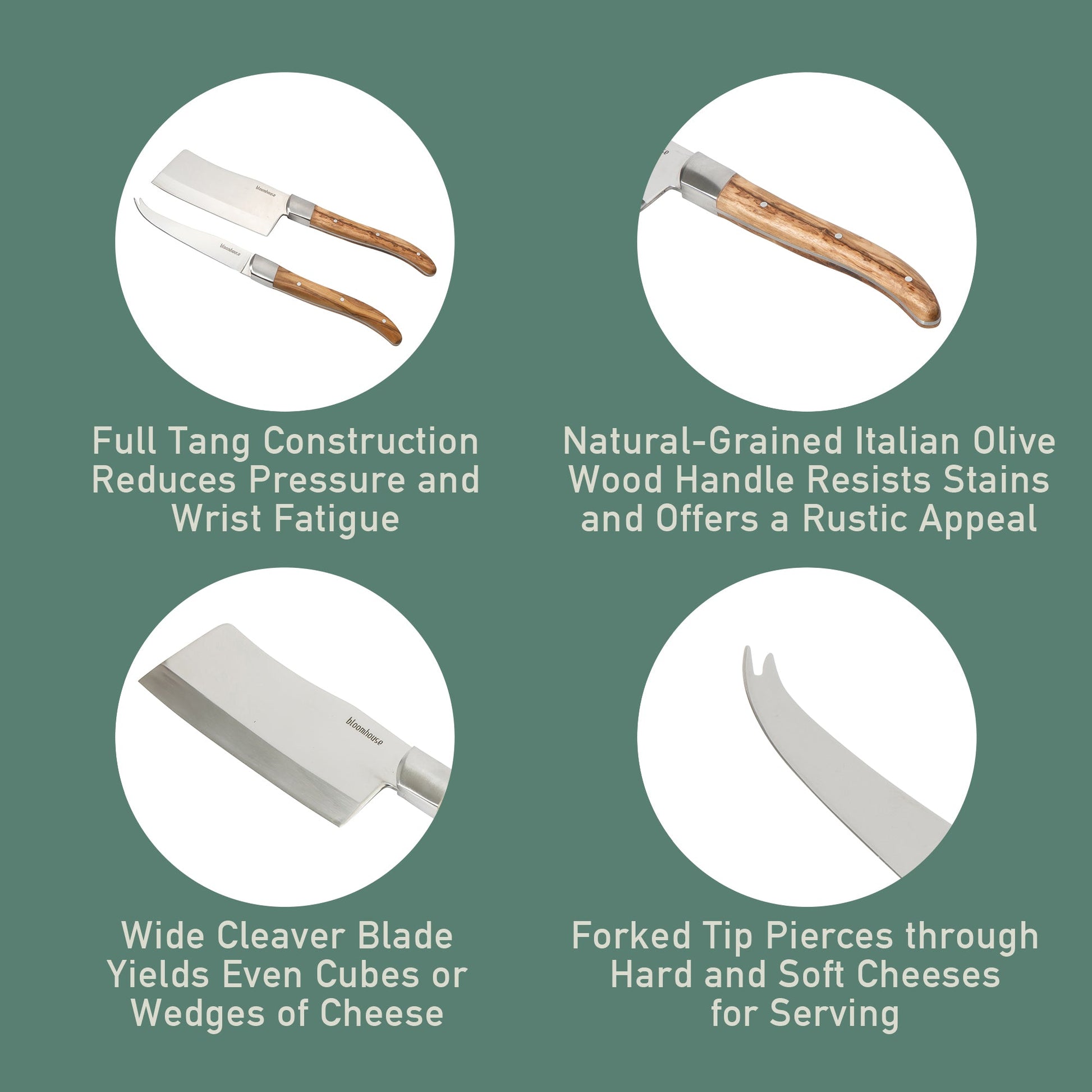 Bloomhouse 2-Piece German Steel Cheese Knife Set with Olive Wood Handles – Artisan Soft & Hard Cheese Knives for Charcuterie, Grazing Boards & Entertaining