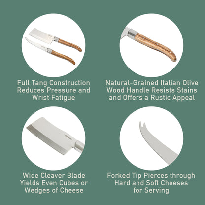 Bloomhouse 2-Piece German Steel Cheese Knife Set with Olive Wood Handles – Artisan Soft & Hard Cheese Knives for Charcuterie, Grazing Boards & Entertaining