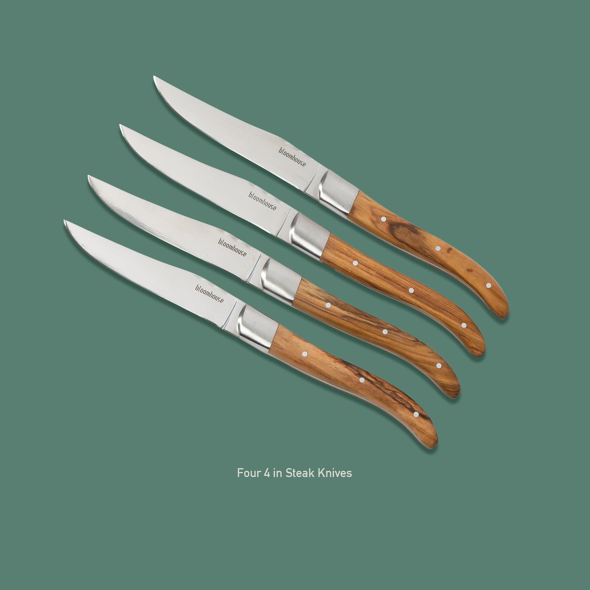 Bloomhouse 4-Piece German Stainless Steel Steak Knife Set – Premium Olive Wood Handle Steak Knives, Full-Tang Blades for Dining