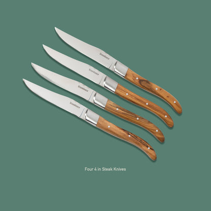 Bloomhouse 4-Piece German Stainless Steel Steak Knife Set – Premium Olive Wood Handle Steak Knives, Full-Tang Blades for Dining