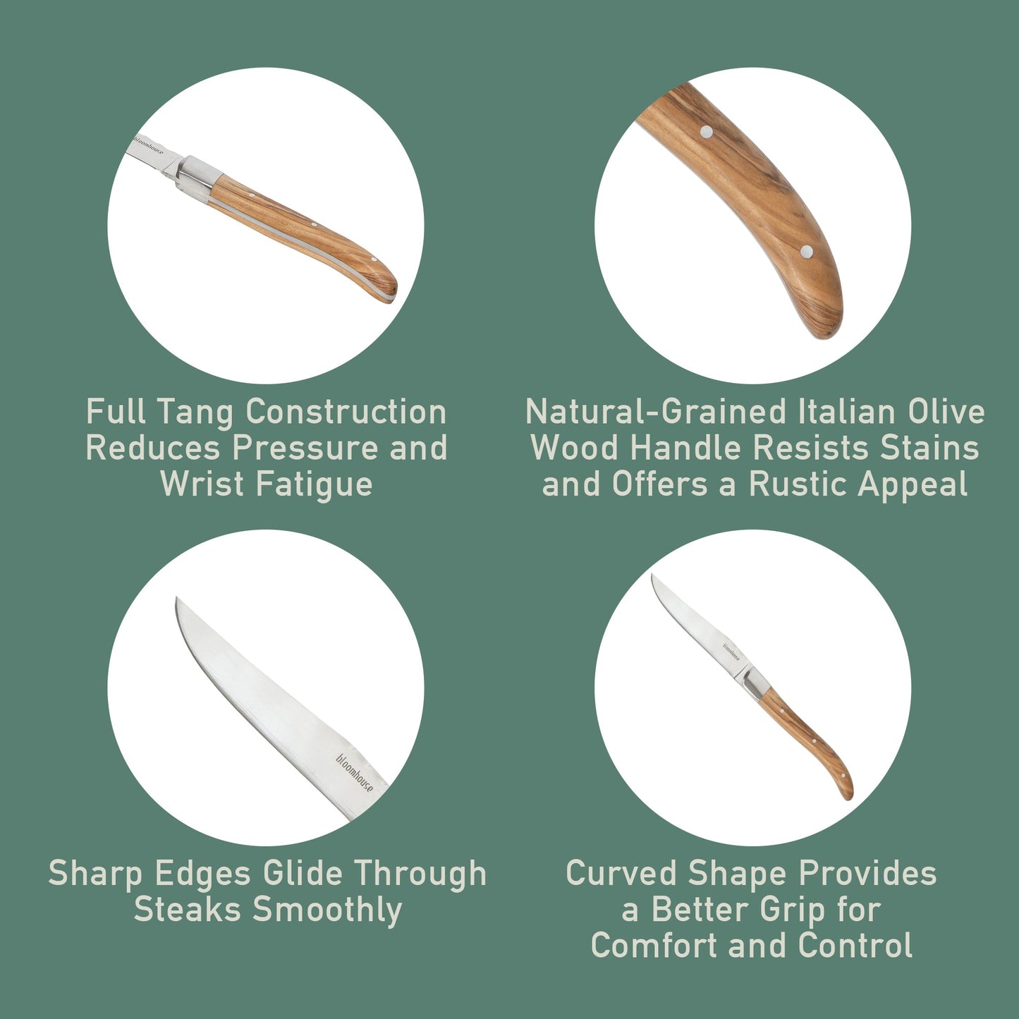 Bloomhouse 4-Piece German Stainless Steel Steak Knife Set – Premium Olive Wood Handle Steak Knives, Full-Tang Blades for Dining
