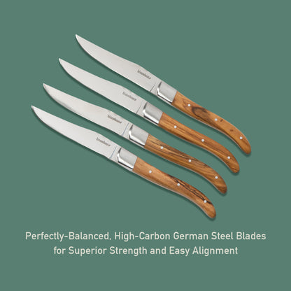 Bloomhouse 4-Piece German Stainless Steel Steak Knife Set – Premium Olive Wood Handle Steak Knives, Full-Tang Blades for Dining