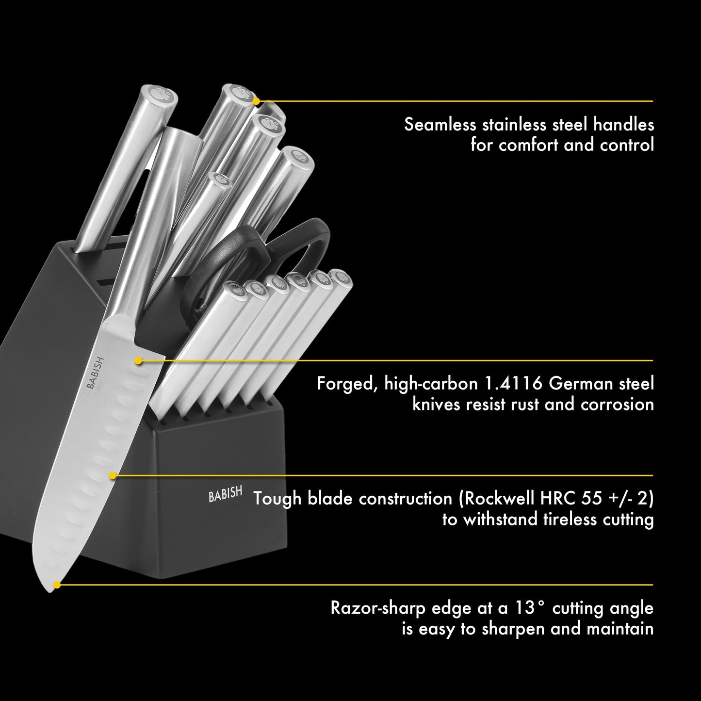 Babish High-Carbon 1.4116 German Steel 15 Piece Full Tang Forged Cutlery Kitchen Knife Block Set - Stainless Steel