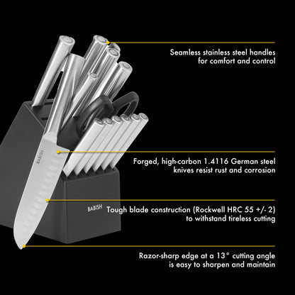 Babish High-Carbon 1.4116 German Steel 15 Piece Full Tang Forged Cutlery Kitchen Knife Block Set - Stainless Steel