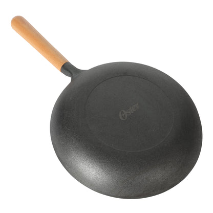 Oster Platinum Flintfield 9.5 Inch Pre-Seasoned Cast Iron Skillet with Wood Handle, Natural Nonstick Lightweight Cast Iron Frying Pan for Searing, Sautéing & Everyday Cooking