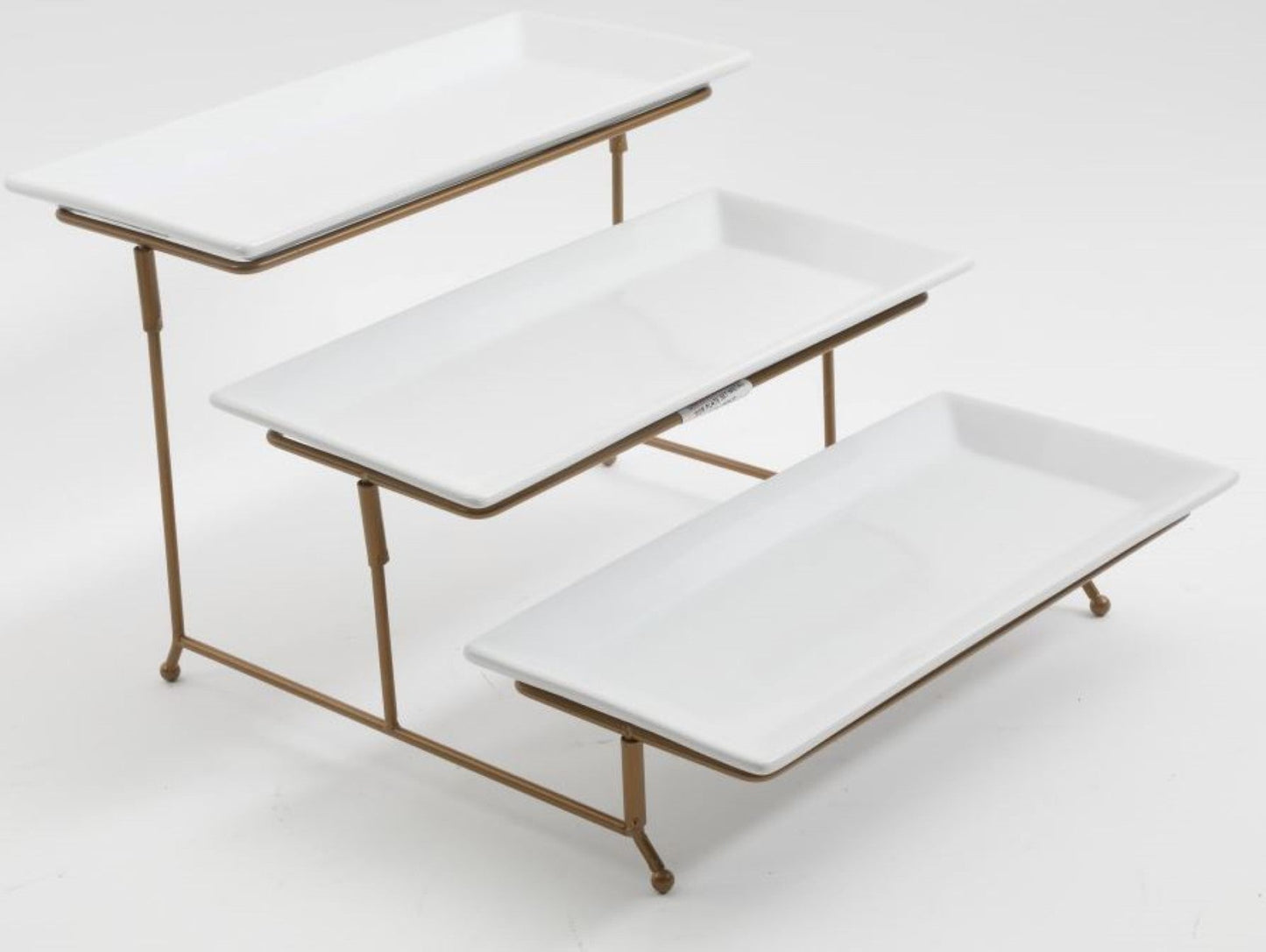 Gibson Home Gracious Dining Dinnerware, 3-Tier Rectangle Plate Serving Set with Gold Metal Stand, White