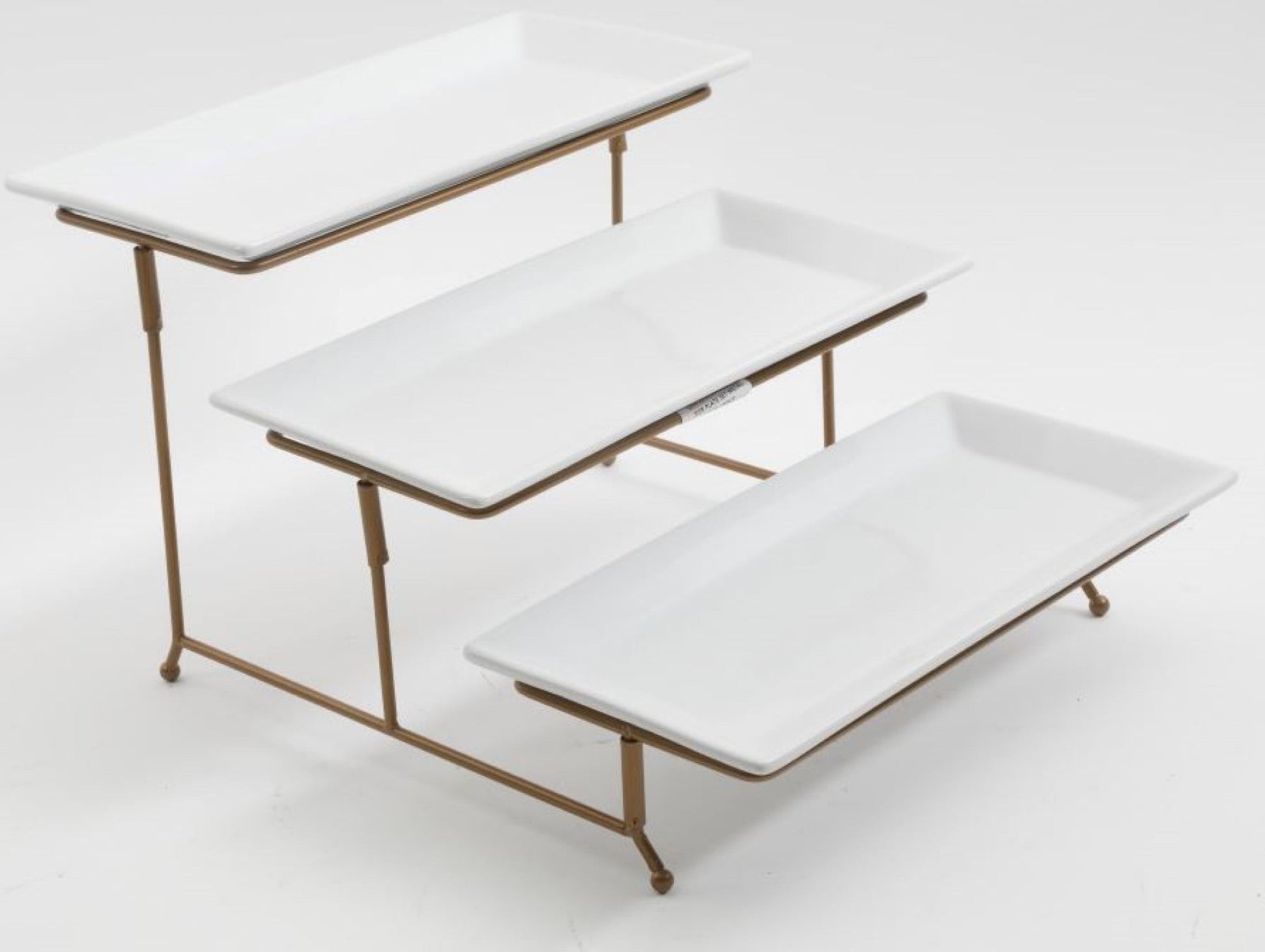 Gibson Home Gracious Dining Dinnerware, 3-Tier Rectangle Plate Serving Set with Gold Metal Stand, White