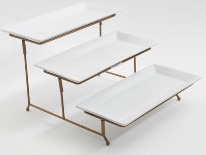 Gibson Home Gracious Dining Dinnerware, 3-Tier Rectangle Plate Serving Set with Gold Metal Stand, White