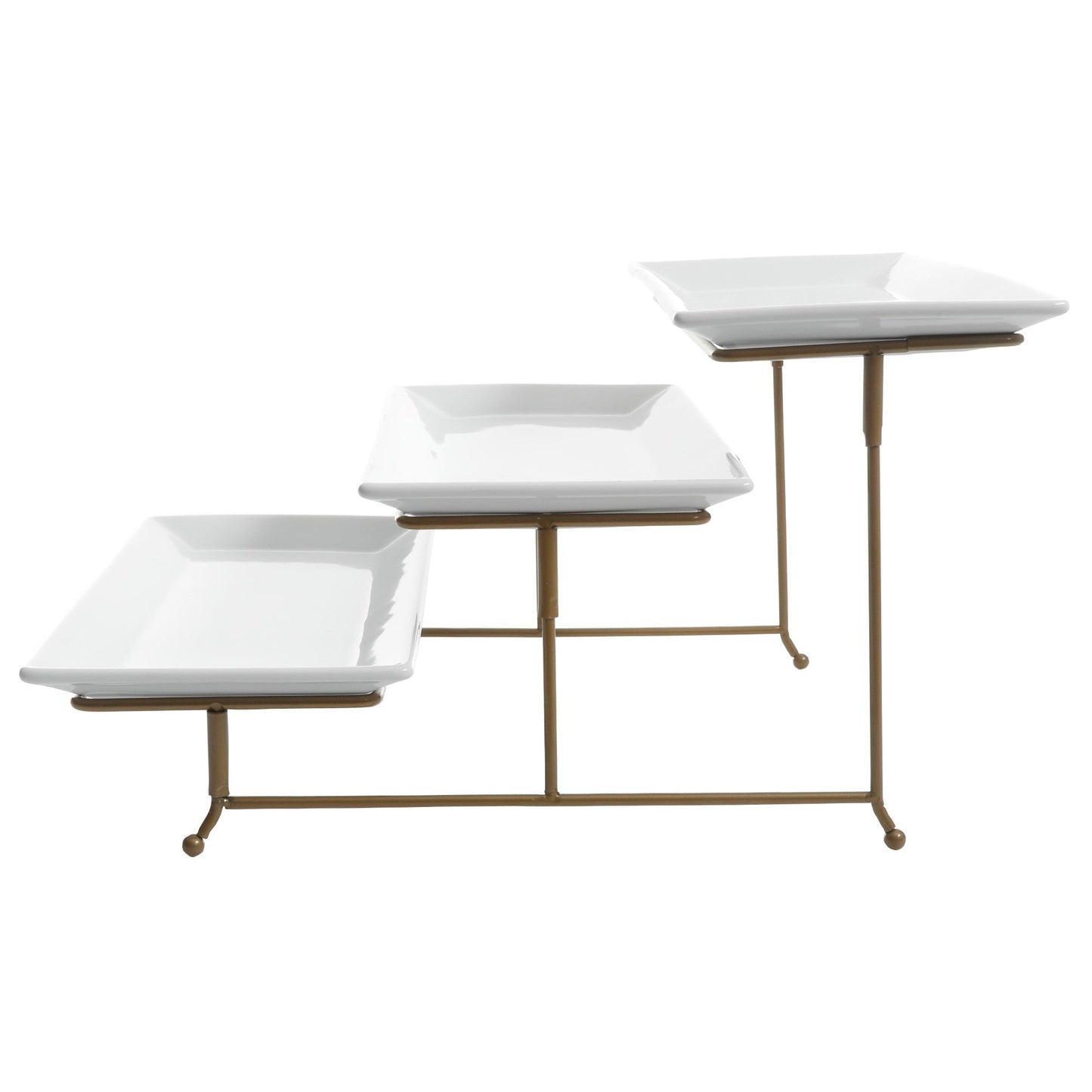 Gibson Home Gracious Dining Dinnerware, 3-Tier Rectangle Plate Serving Set with Gold Metal Stand, White