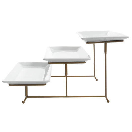 Gibson Home Gracious Dining Dinnerware, 3-Tier Rectangle Plate Serving Set with Gold Metal Stand, White
