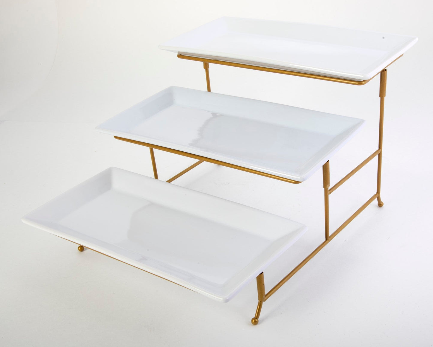 Gibson Home Gracious Dining Dinnerware, 3-Tier Rectangle Plate Serving Set with Gold Metal Stand, White