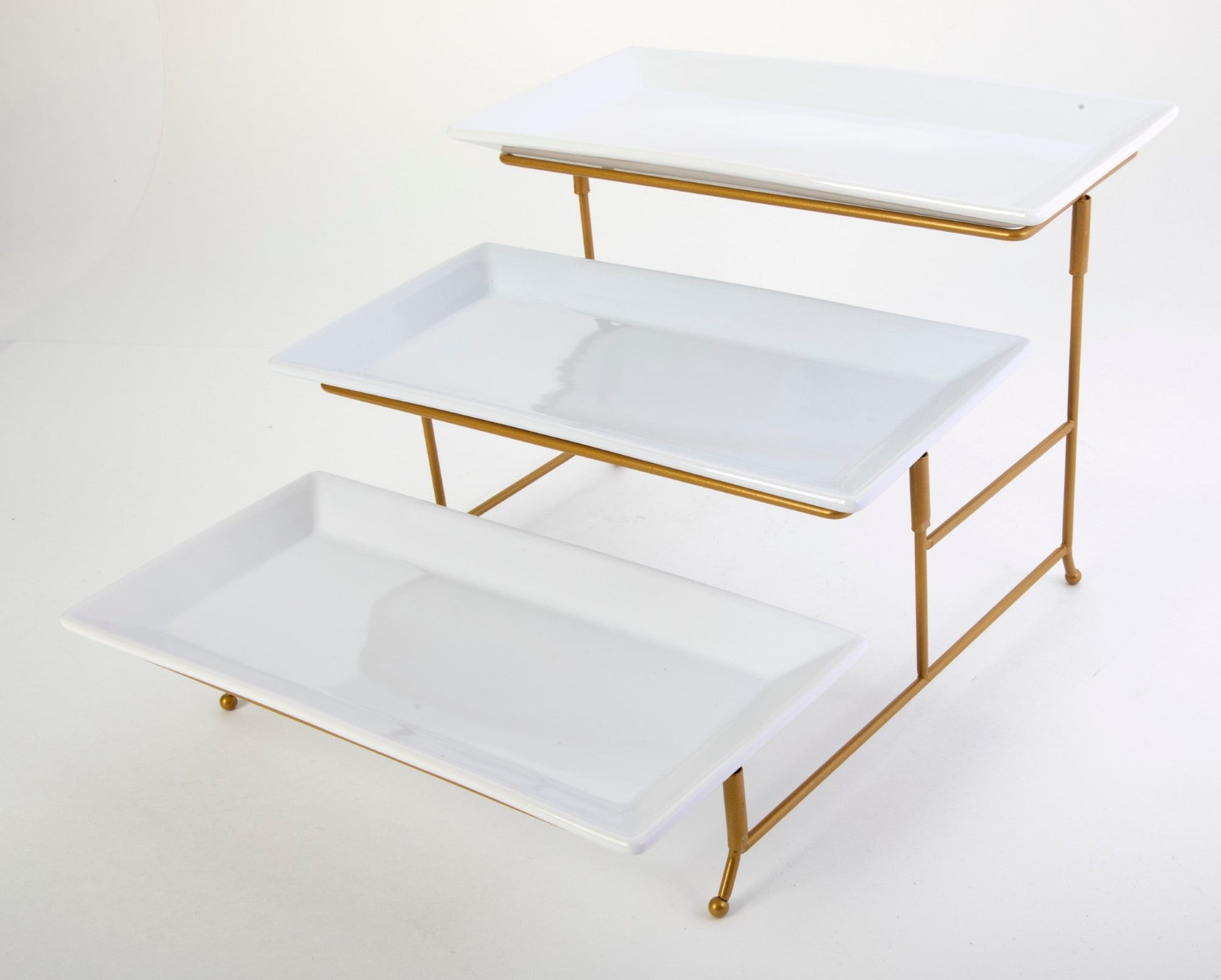Gibson Home Gracious Dining Dinnerware, 3-Tier Rectangle Plate Serving Set with Gold Metal Stand, White
