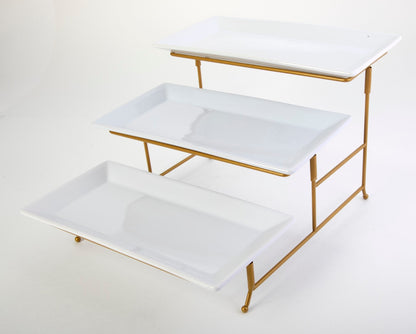 Gibson Home Gracious Dining Dinnerware, 3-Tier Rectangle Plate Serving Set with Gold Metal Stand, White