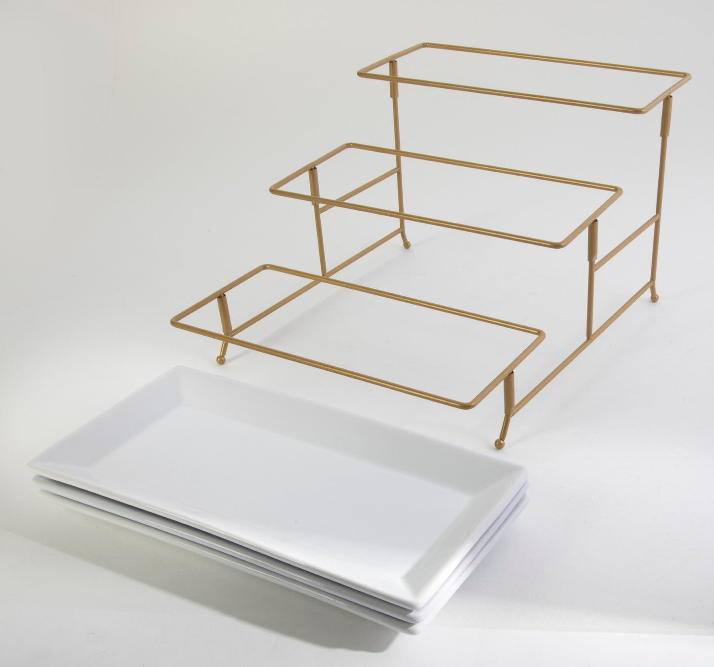 Gibson Home Gracious Dining Dinnerware, 3-Tier Rectangle Plate Serving Set with Gold Metal Stand, White