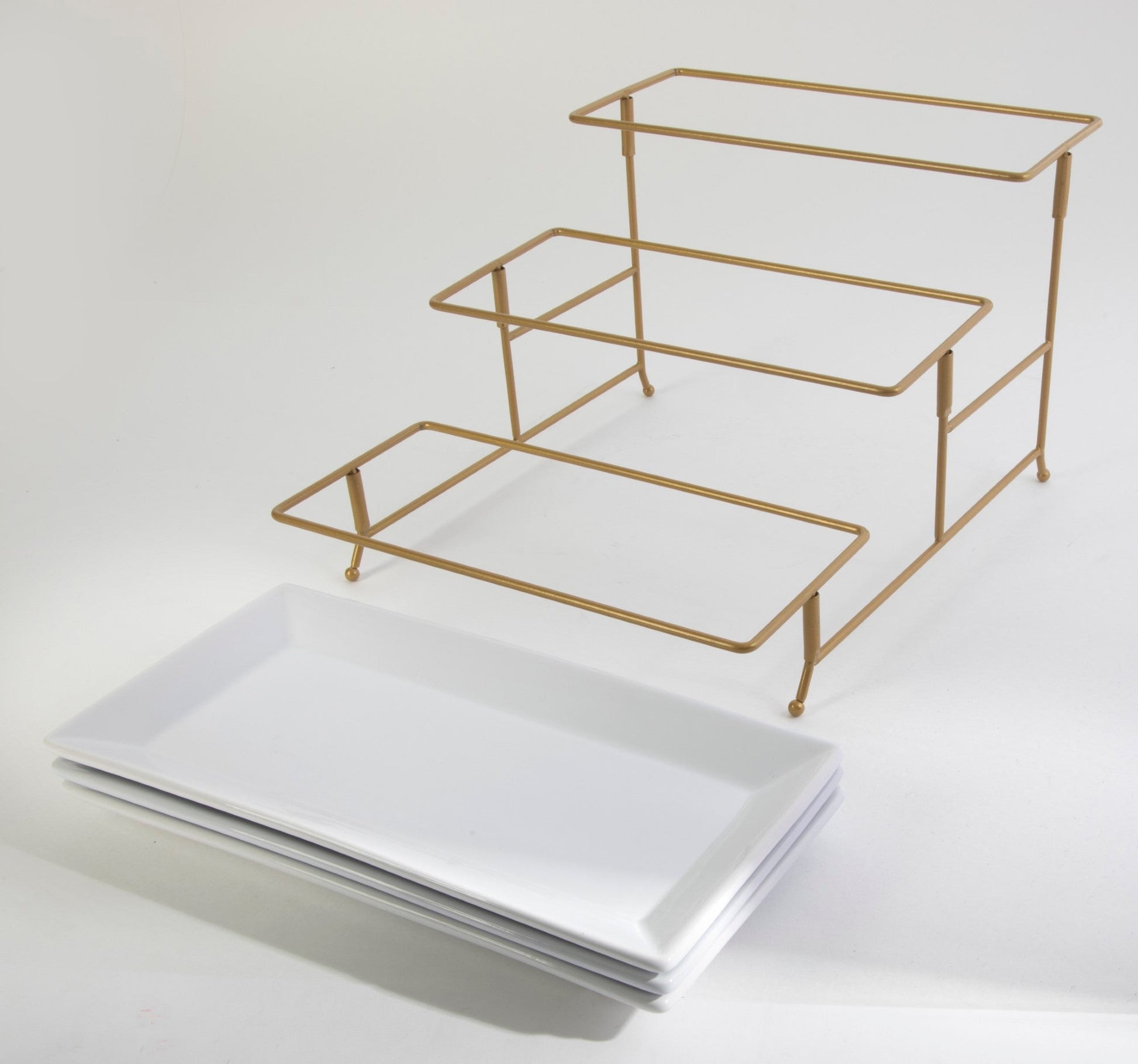 Gibson Home Gracious Dining Dinnerware, 3-Tier Rectangle Plate Serving Set with Gold Metal Stand, White