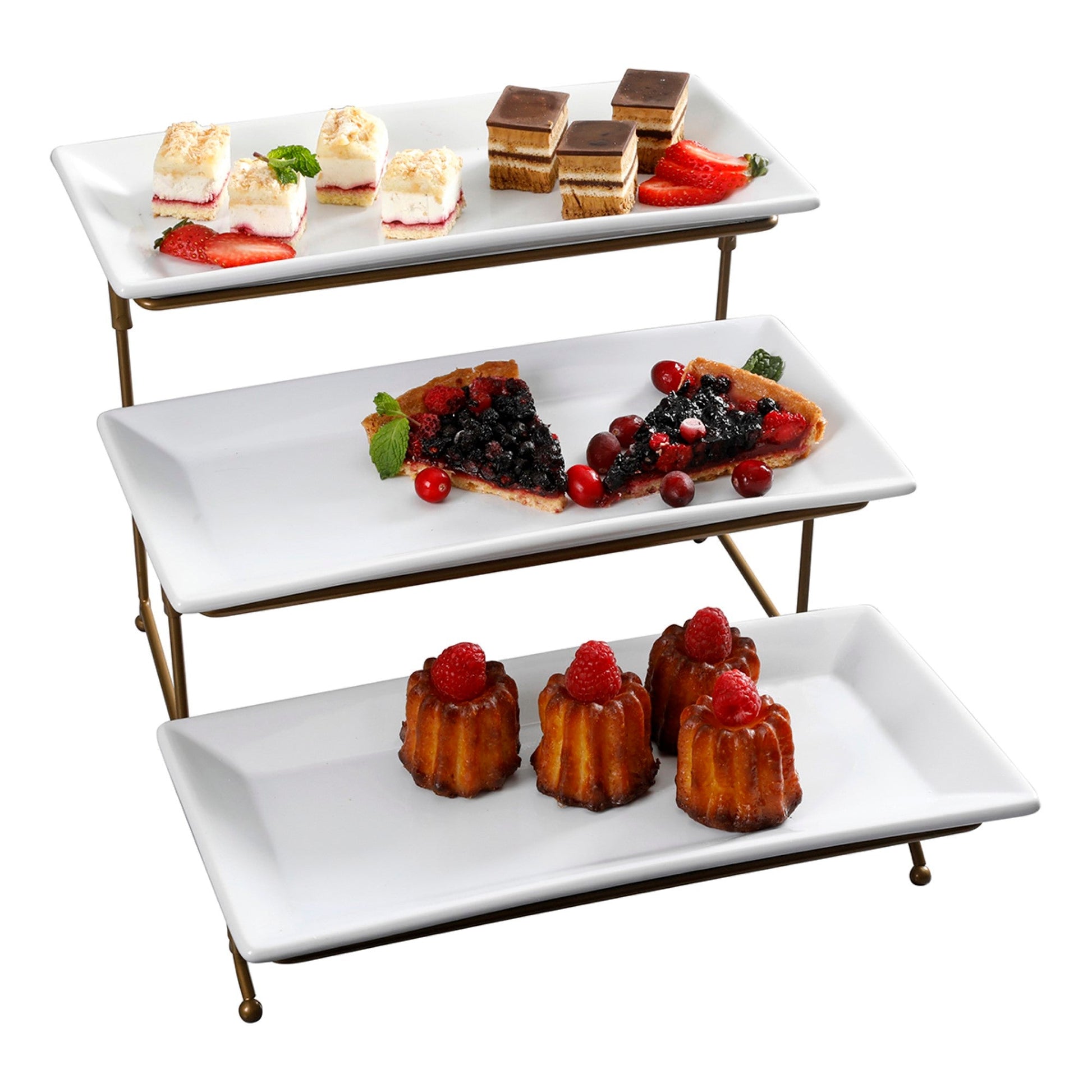 Gibson Home Gracious Dining Dinnerware, 3-Tier Rectangle Plate Serving Set with Gold Metal Stand, White