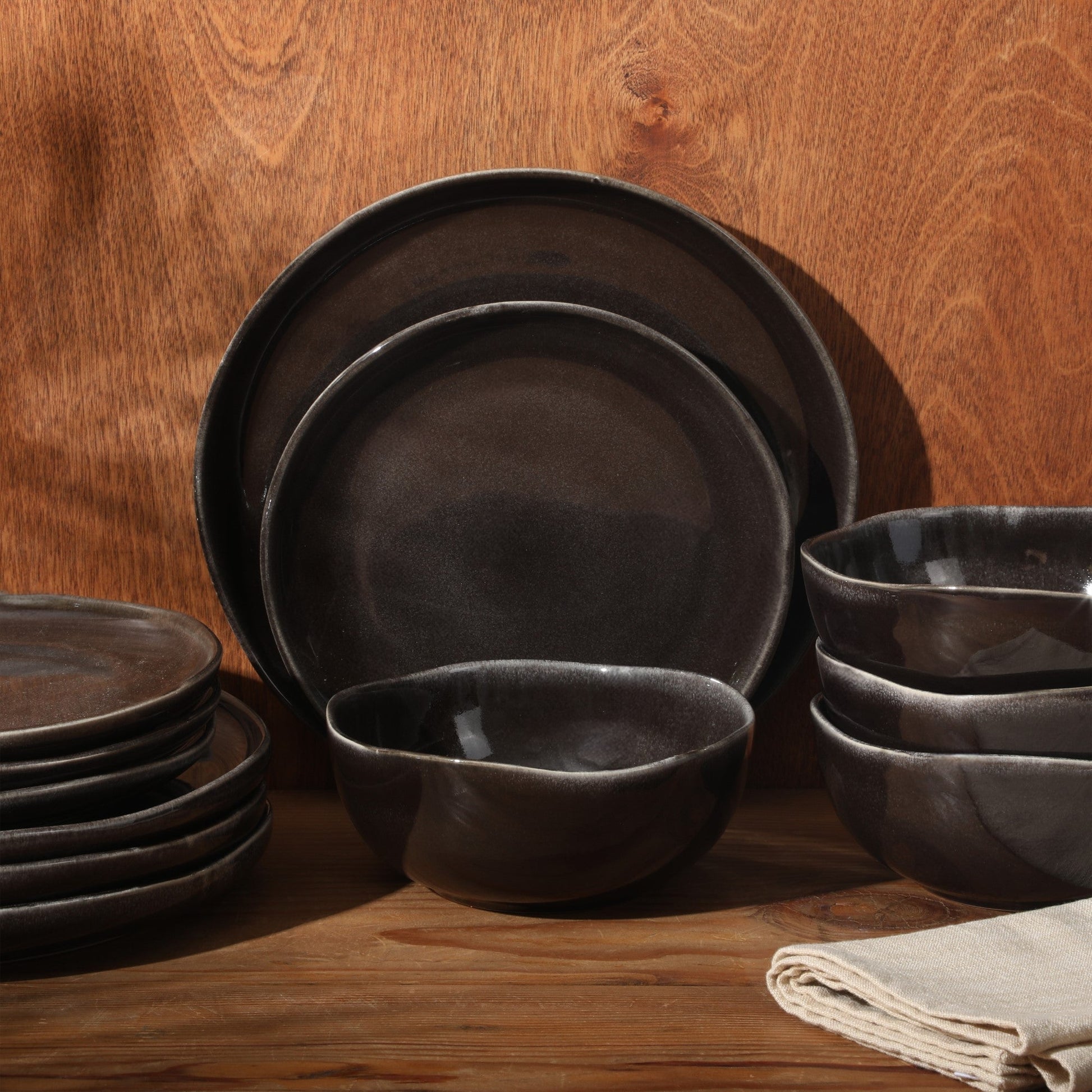 Gibson Soho Lounge Nardini 12 Piece (Service for 4) Plates and Bowls Reactive Glaze Dishes Stoneware Ceramic Dinnerware Set - Black and Blue