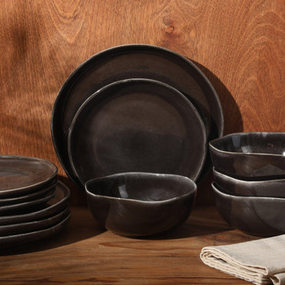 Gibson Soho Lounge Nardini 12 Piece (Service for 4) Plates and Bowls Reactive Glaze Dishes Stoneware Ceramic Dinnerware Set - Black and Blue